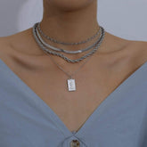 Multi-Layer Gold Silver Tone Embossed Rectangle Charm Pendant Rope Chain Choker Necklace Set